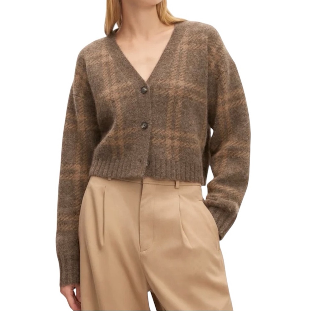 Everlane Brown Plaid V‑Neck Cropped Cardigan